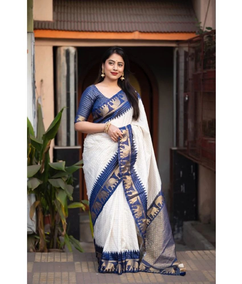     			Apnisha Banarasi Silk Embellished Saree With Blouse Piece - White ( Pack of 1 )