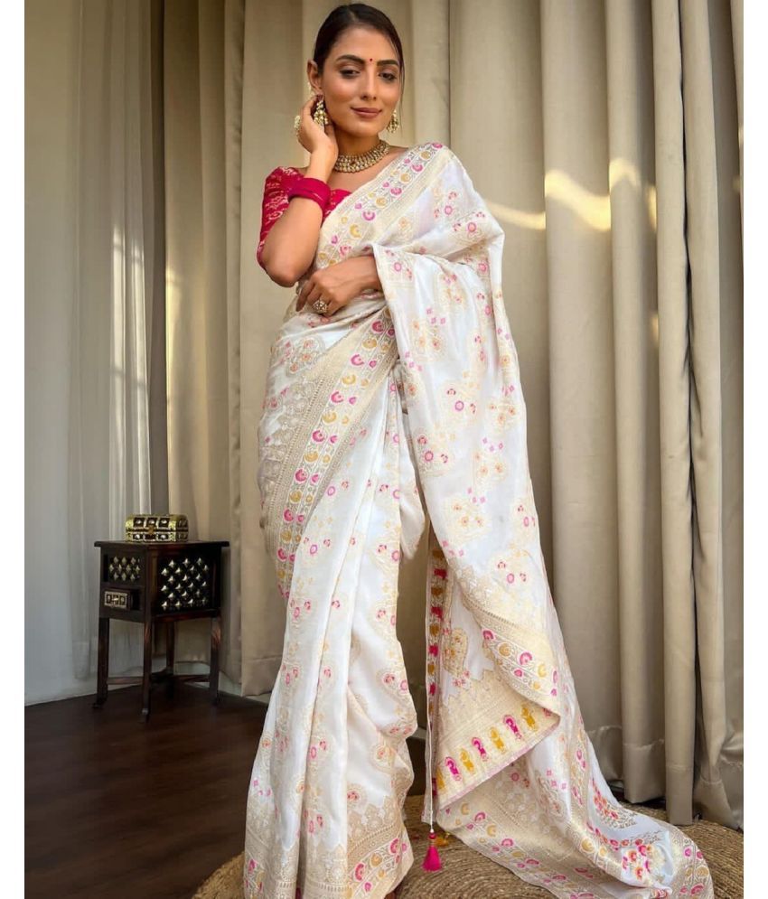     			Apnisha Banarasi Silk Embellished Saree With Blouse Piece - White ( Pack of 1 )