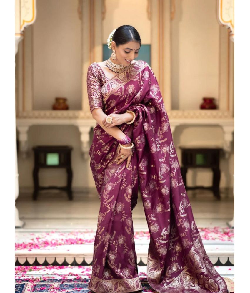     			Apnisha Banarasi Silk Embellished Saree With Blouse Piece - Purple ( Pack of 1 )