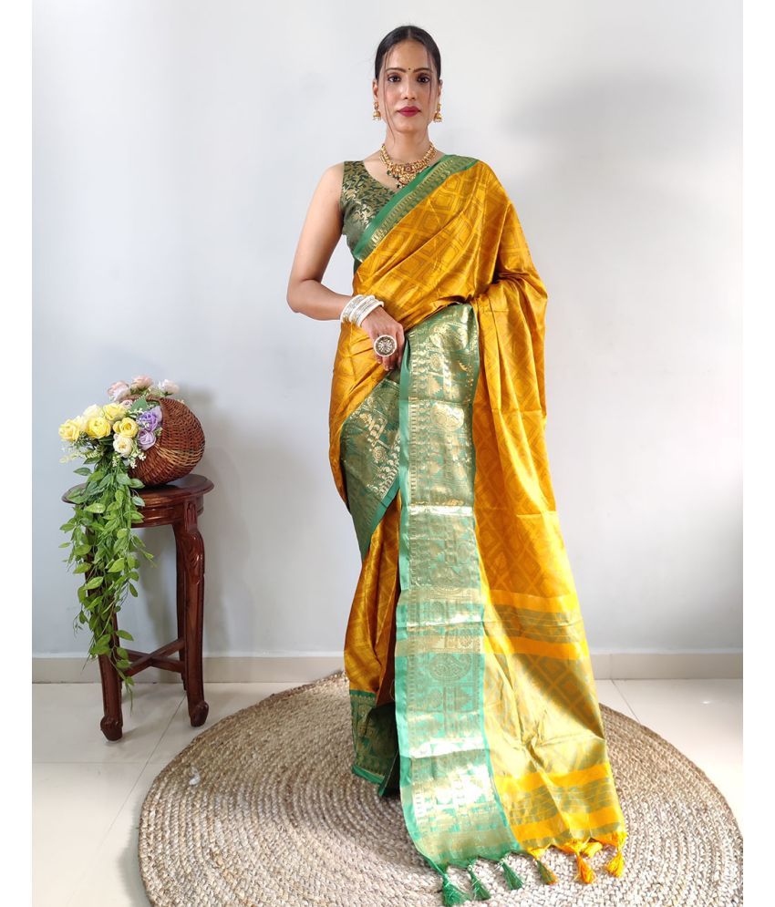     			Apnisha Banarasi Silk Embellished Saree With Blouse Piece - Yellow ( Pack of 1 )