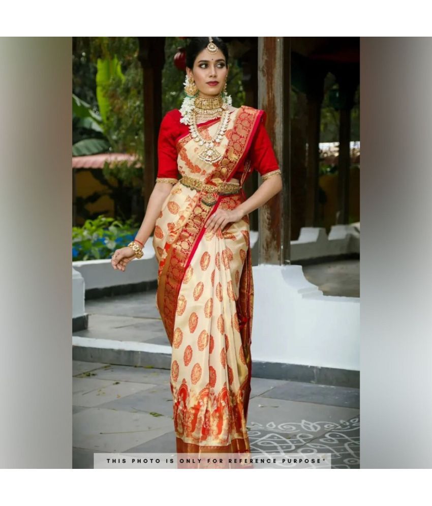     			Apnisha Banarasi Silk Embellished Saree With Blouse Piece - Cream ( Pack of 1 )