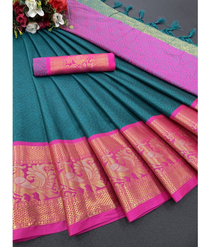     			Apnisha Jacquard Embellished Saree With Blouse Piece - Rama ( Pack of 1 )