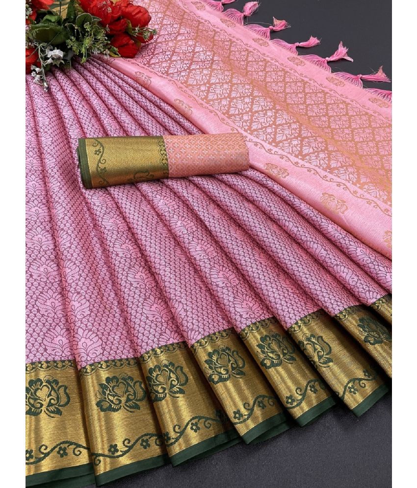    			Apnisha Kanjivaram Silk Embellished Saree With Blouse Piece - Pink ( Pack of 1 )