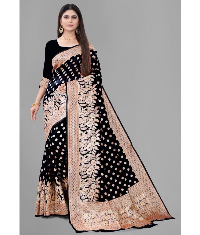    			Gazal Fashions Banarasi Silk Embellished Saree With Blouse Piece - Black,Beige ( Pack of 1 )