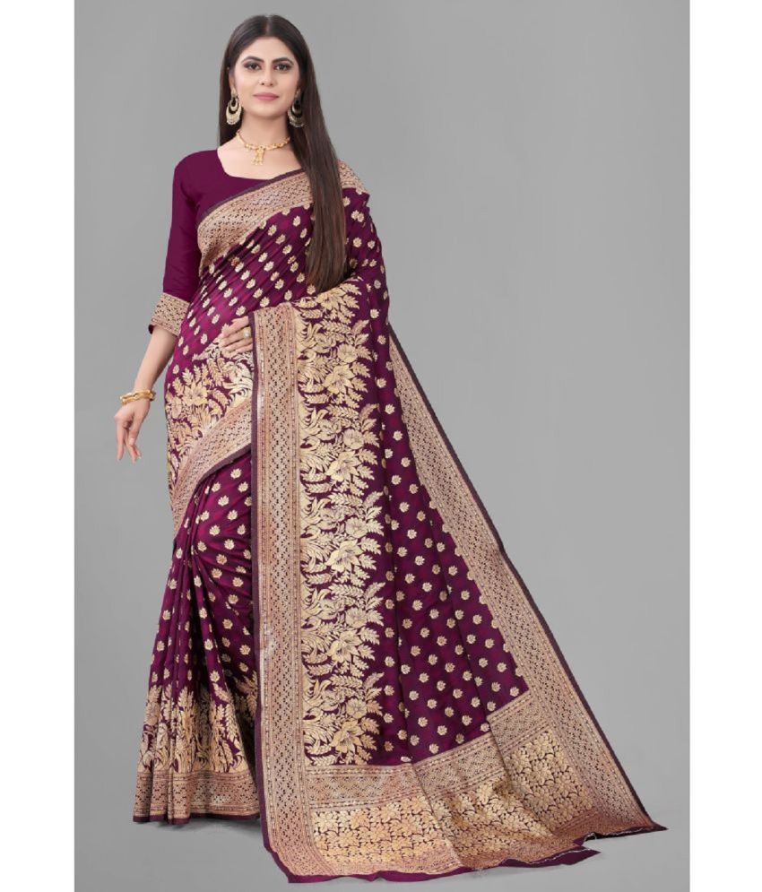     			Gazal Fashions Banarasi Silk Embellished Saree With Blouse Piece - Purple ( Pack of 1 )