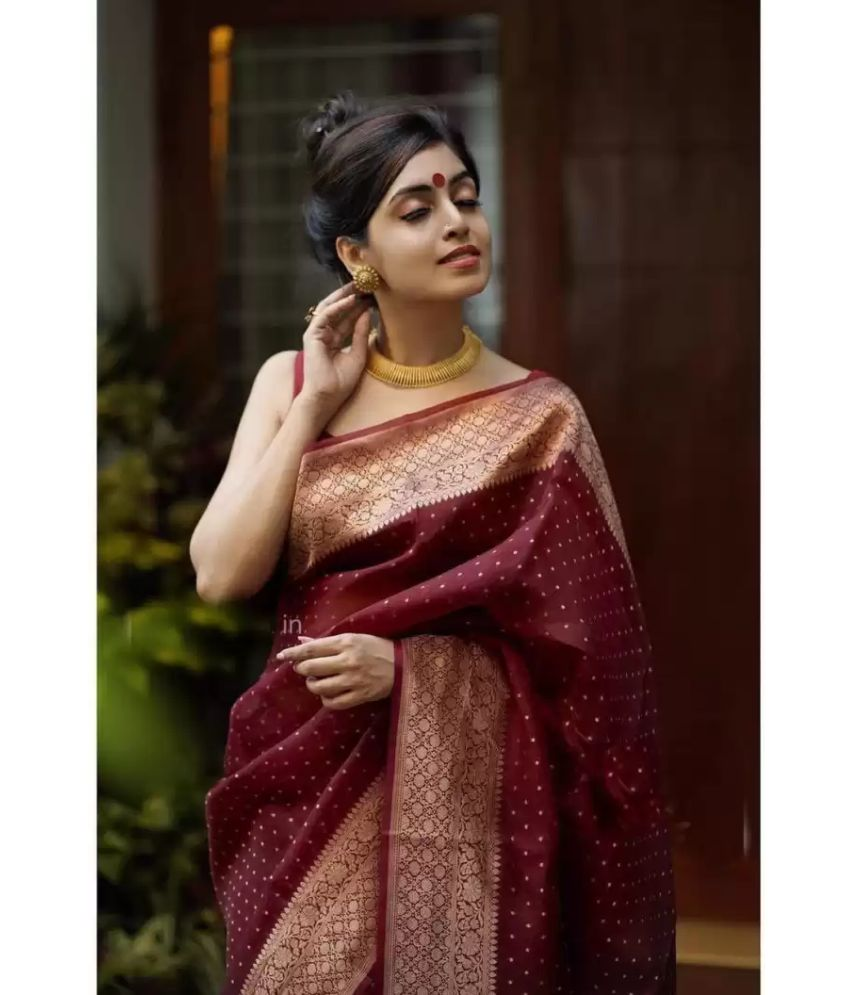     			Gazal Fashions Banarasi Silk Embellished Saree With Blouse Piece - Maroon ( Pack of 1 )