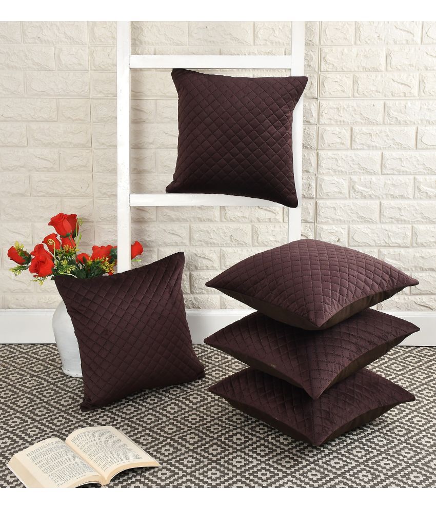    			WISEHOME Set of 5 Velvet Small Checks Rectangular Cushion Cover (40X40)cm - Coffee