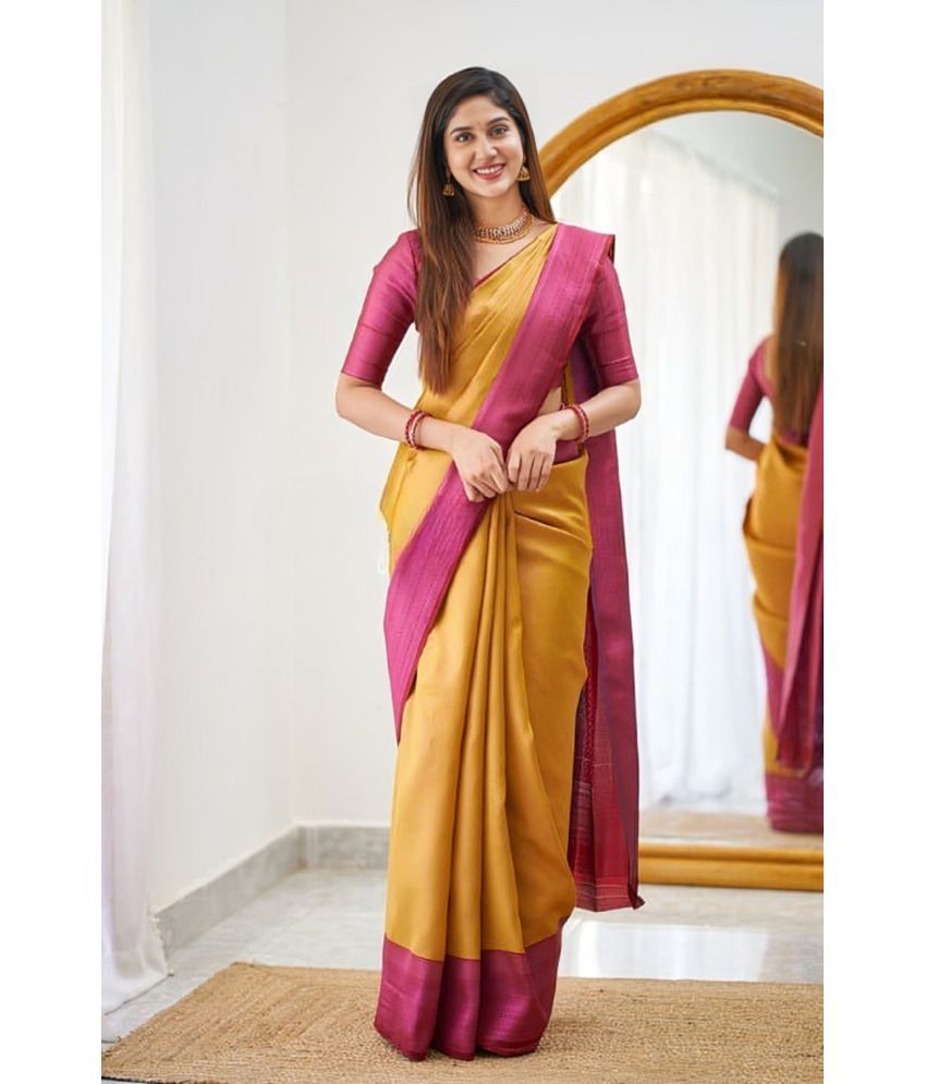     			Aika Banarasi Silk Solid Saree With Blouse Piece - Yellow ( Pack of 1 )