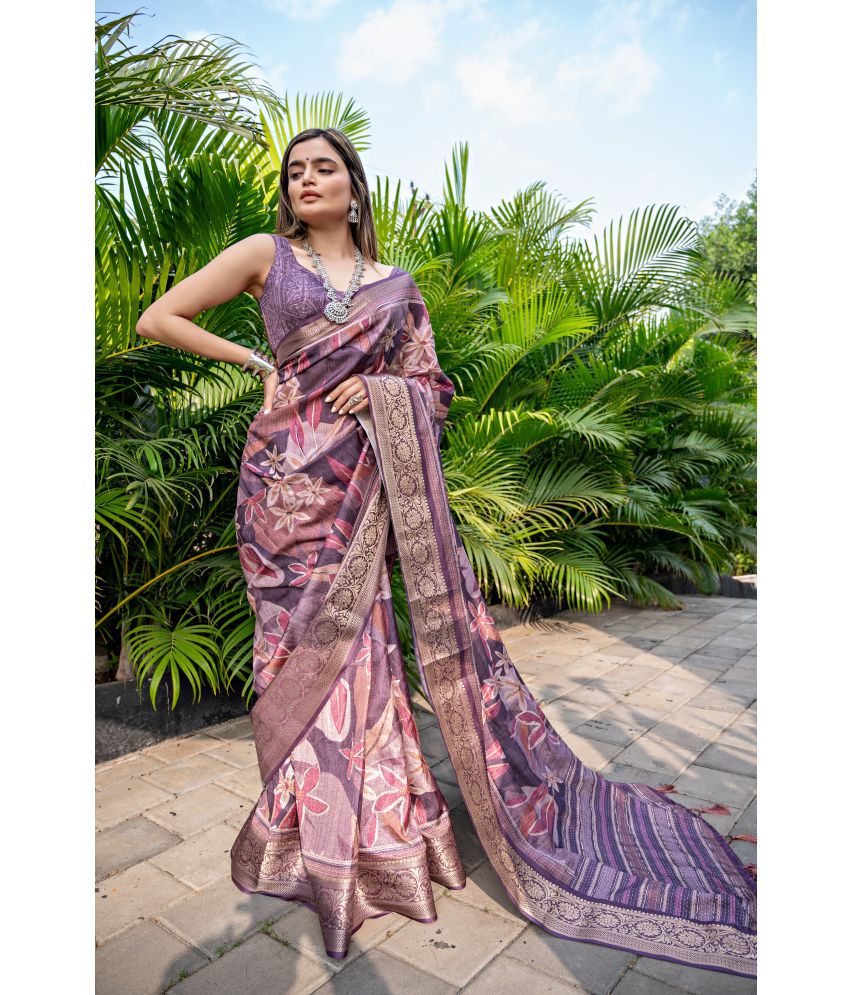     			Chashni Art Silk Printed Saree With Blouse Piece - Purple ( Pack of 1 )