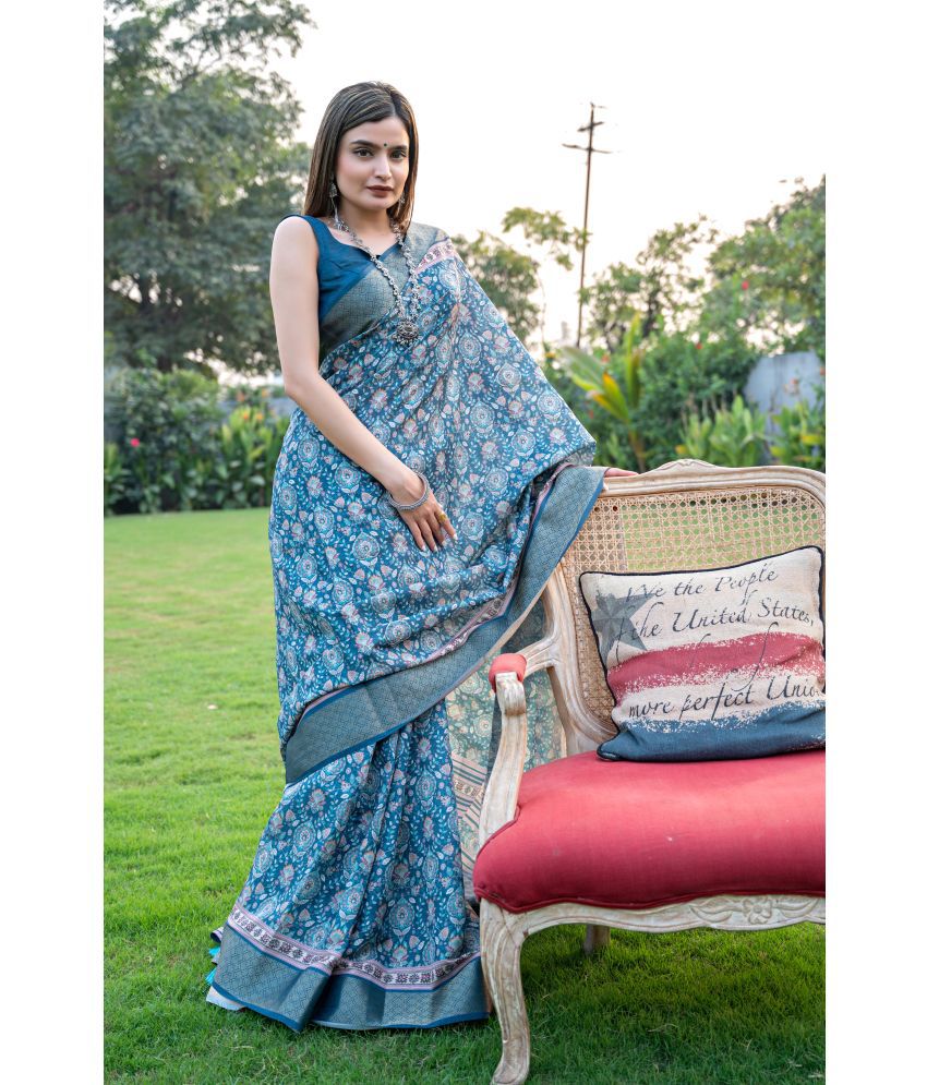     			Chashni Art Silk Printed Saree With Blouse Piece - Teal ( Pack of 1 )