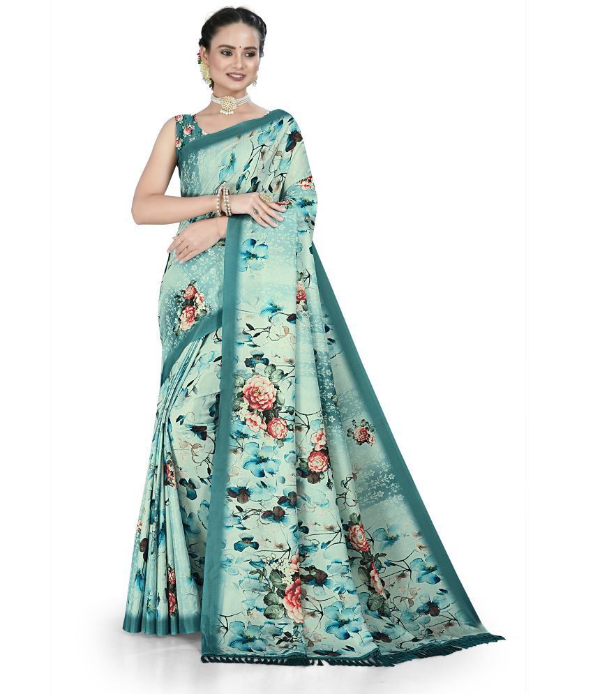     			Chashni Satin Printed Saree With Blouse Piece - Blue ( Pack of 1 )