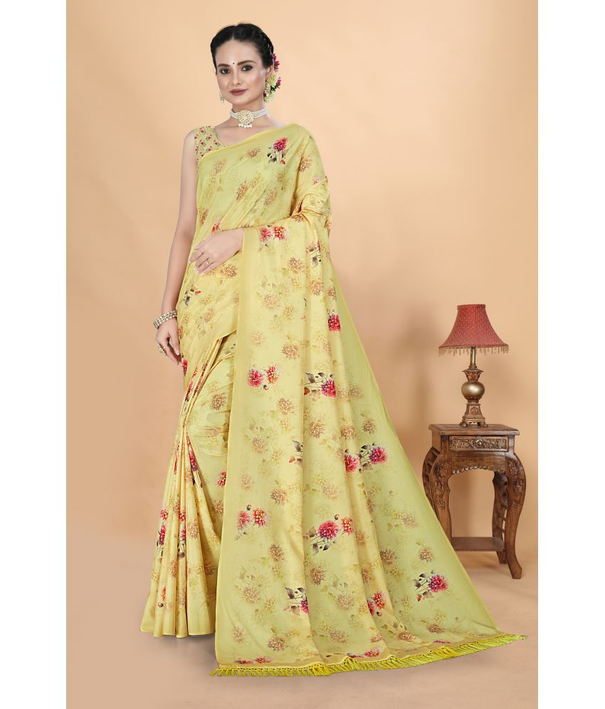     			Chashni Satin Printed Saree With Blouse Piece - Yellow ( Pack of 1 )