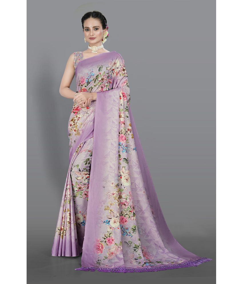     			Chashni Satin Printed Saree With Blouse Piece - Purple ( Pack of 1 )