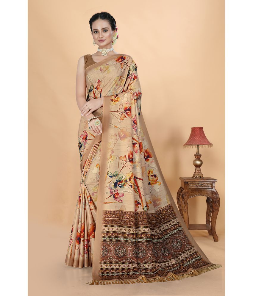     			Chashni Satin Printed Saree With Blouse Piece - Beige ( Pack of 1 )