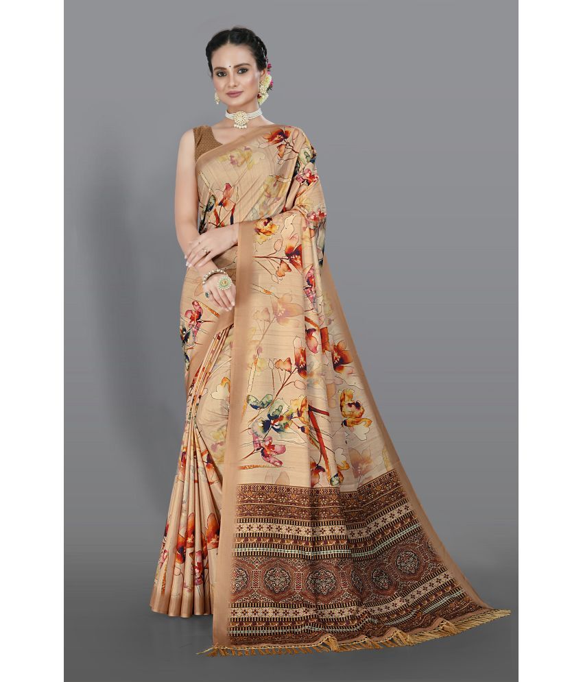     			Chashni Satin Printed Saree With Blouse Piece - Beige ( Pack of 1 )