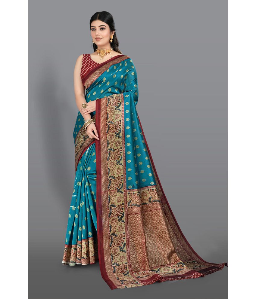     			Chashni Silk Blend Printed Saree With Blouse Piece - Blue ( Pack of 1 )