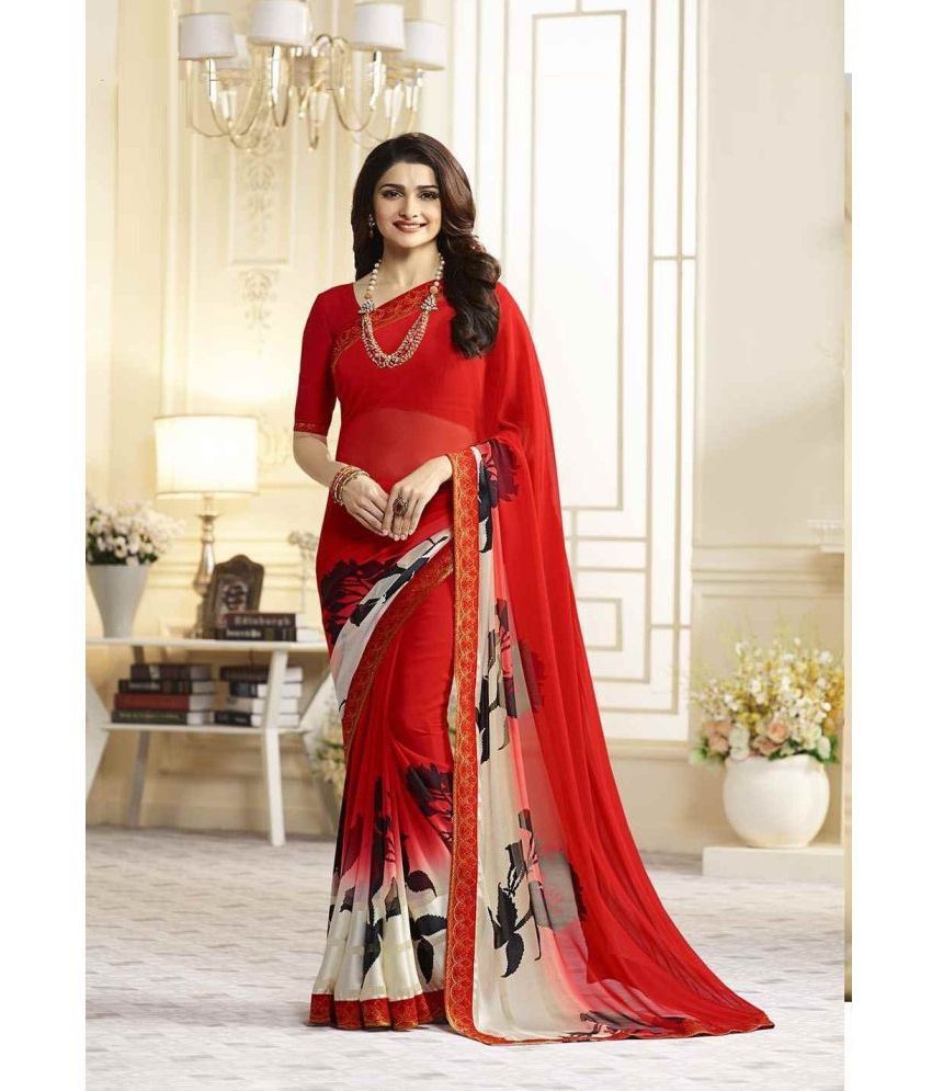     			Gazal Fashions Georgette Printed Saree With Blouse Piece - Red ( Pack of 1 )
