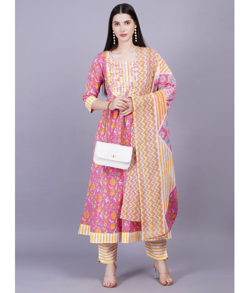     			HIGHLIGHT FASHION EXPORT Cotton Printed Kurti With Pants Women's Stitched Salwar Suit - Pink ( Pack of 1 )