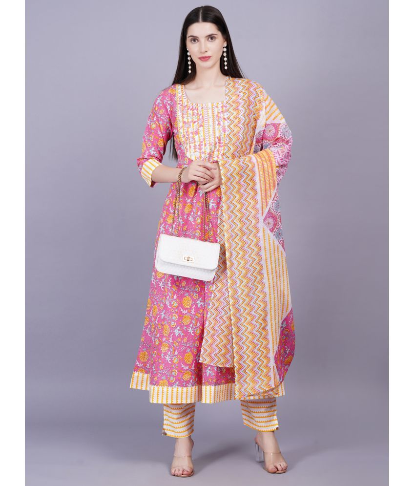     			JC4U Cotton Printed Kurti With Pants Women's Stitched Salwar Suit - Pink ( Pack of 1 )