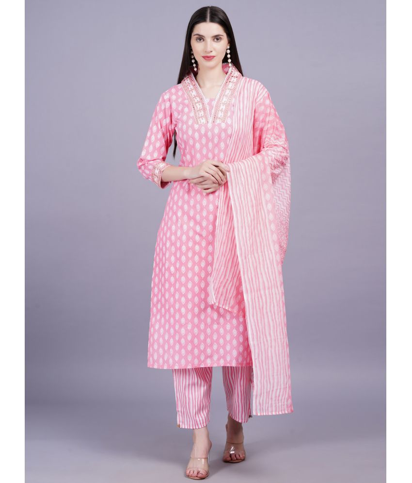     			JC4U Cotton Printed Kurti With Pants Women's Stitched Salwar Suit - Pink ( Pack of 1 )