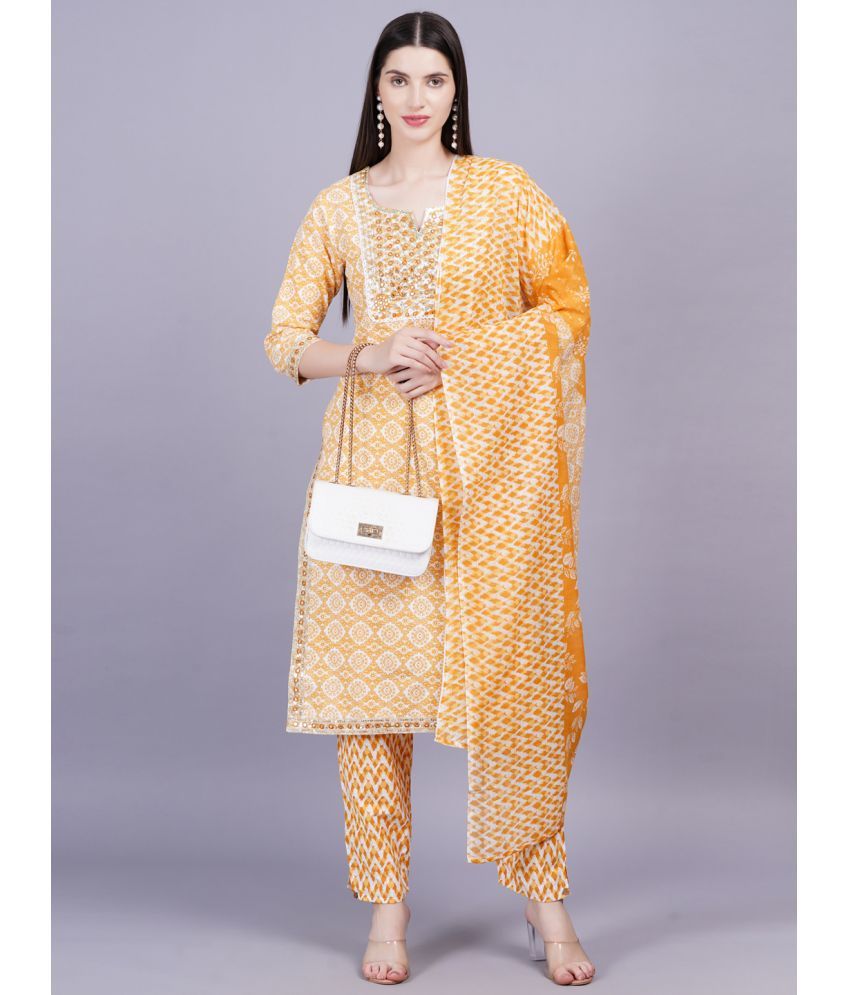     			JC4U Cotton Printed Kurti With Pants Women's Stitched Salwar Suit - Yellow ( Pack of 1 )