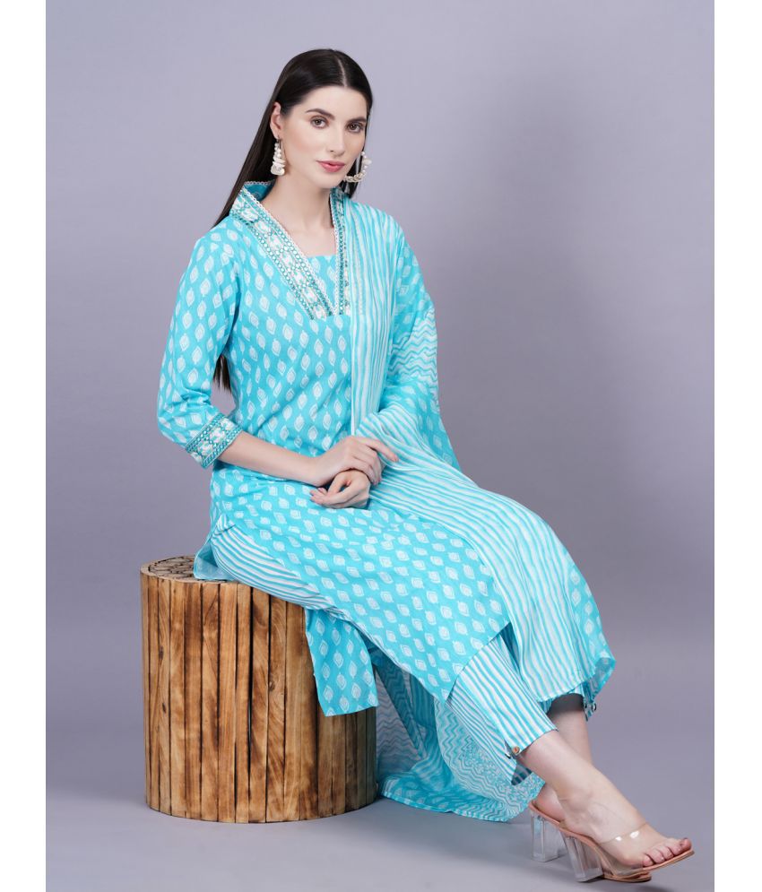     			JC4U Cotton Printed Kurti With Pants Women's Stitched Salwar Suit - Light Blue ( Pack of 1 )