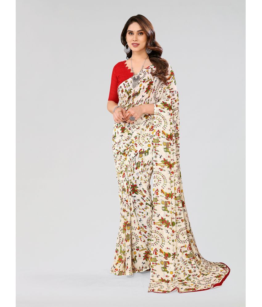     			Kashvi Sarees Georgette Printed Saree With Blouse Piece - Cream ( Pack of 1 )