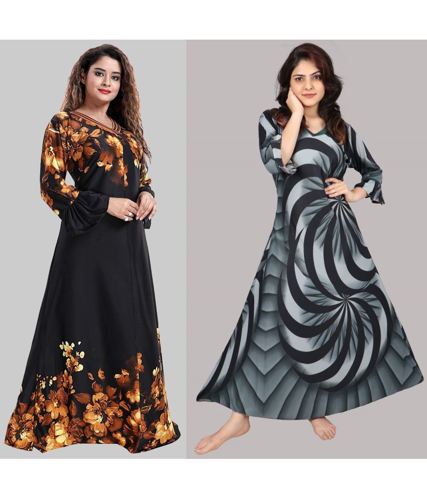     			PURSA Mustard,Charcoal Satin Women's Nightwear Nighty & Night Gowns ( Pack of 2 )