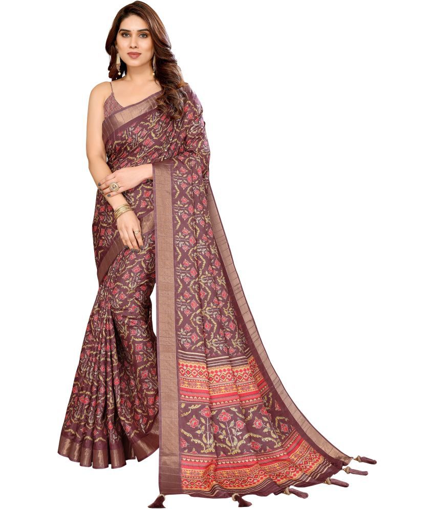     			Chashni Silk Blend Printed Saree With Blouse Piece - Brown ( Pack of 1 )
