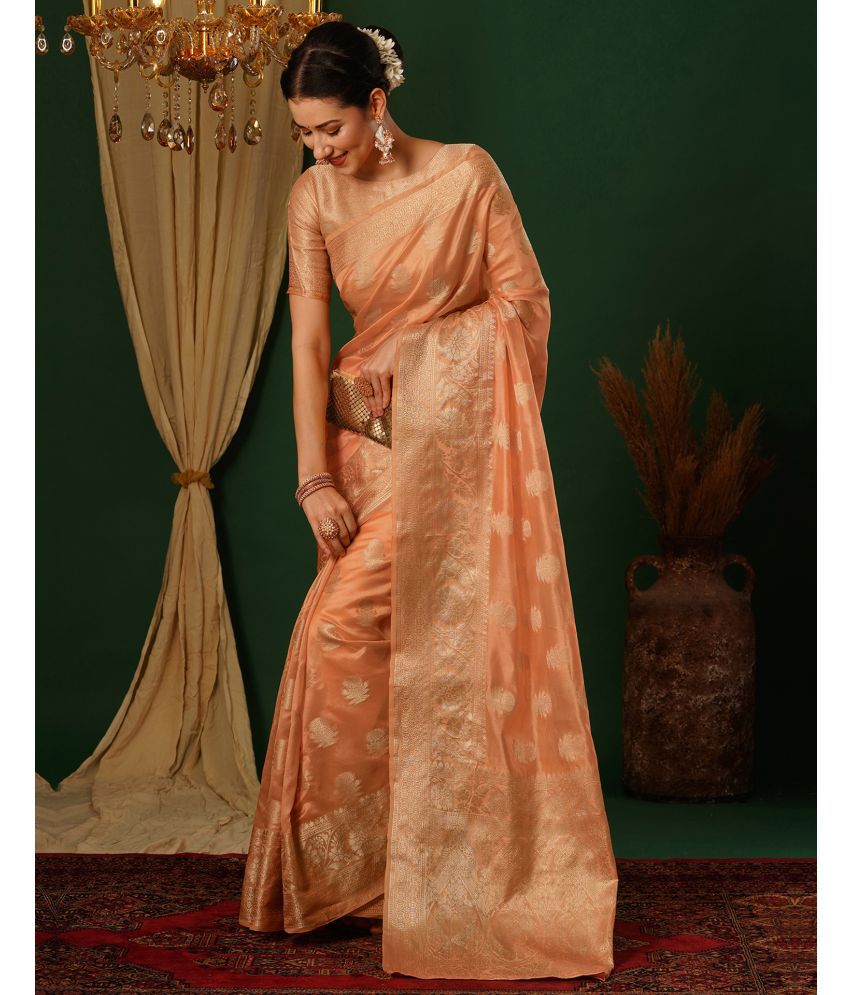     			Samah Silk Blend Woven Saree With Blouse Piece - Orange ( Pack of 1 )