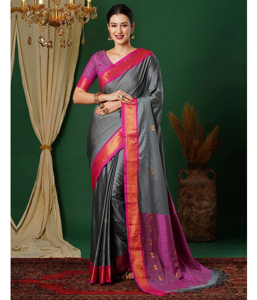     			Samah Silk Self Design Saree With Blouse Piece - Grey ( Pack of 1 )