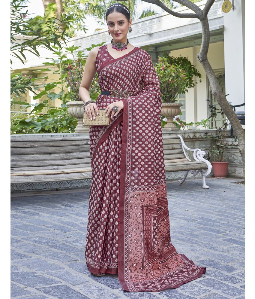     			Satrani Cotton Printed Saree With Blouse Piece - Maroon ( Pack of 1 )