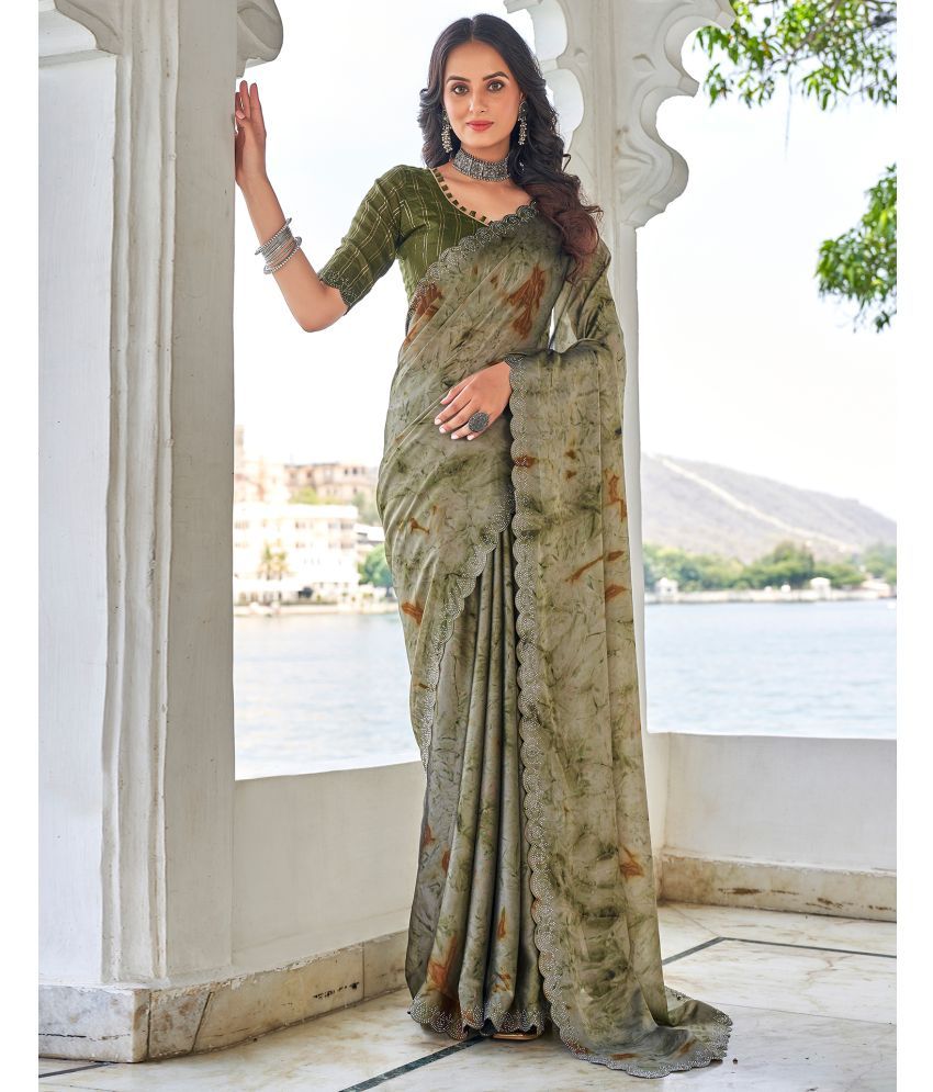     			Satrani Georgette Printed Saree With Blouse Piece - Olive ( Pack of 1 )