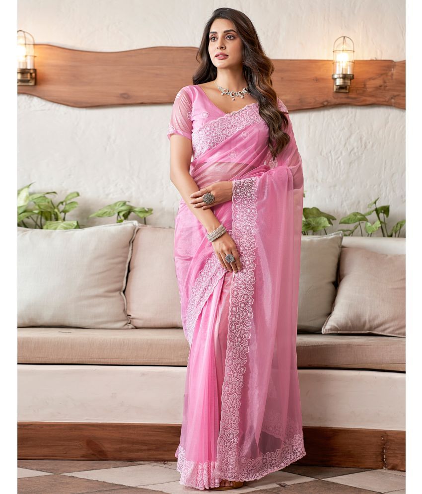     			Satrani Organza Embroidered Saree With Blouse Piece - Pink ( Pack of 1 )