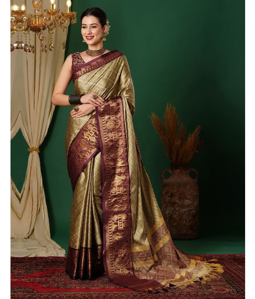     			Satrani Silk Blend Woven Saree With Blouse Piece - Khaki ( Pack of 1 )