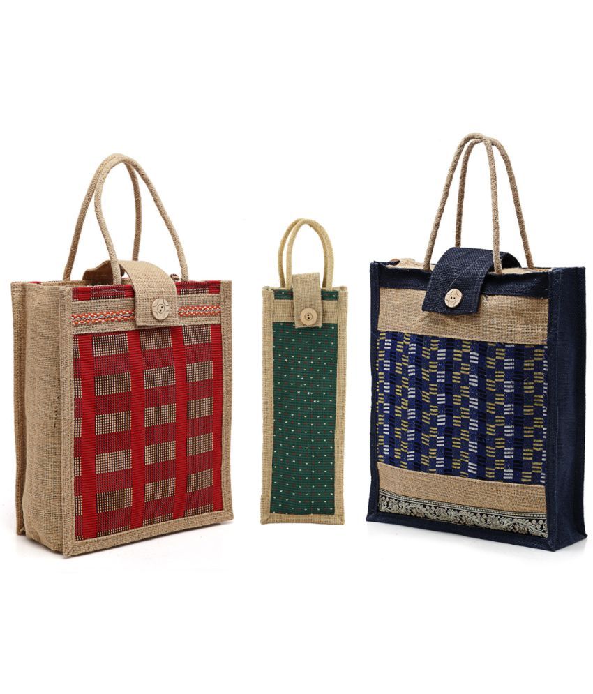     			ENSAC Multicolor Jute Lunch Bag Pack of 3