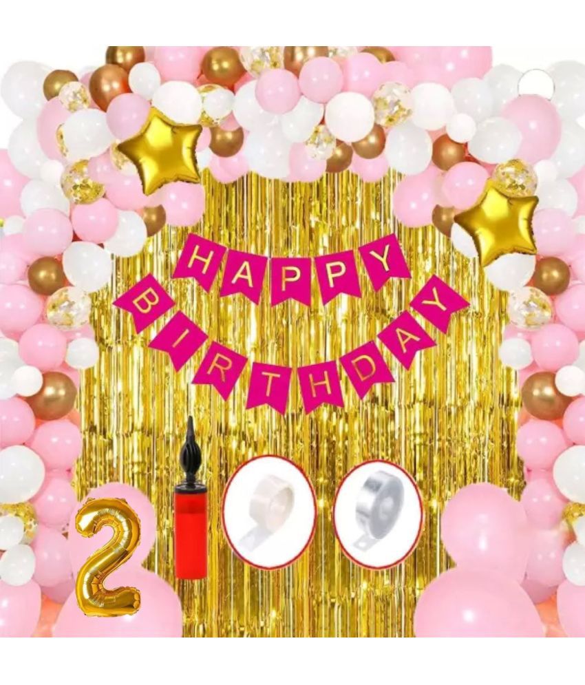     			KR 2ND / SECOND HAPPY BIRTHDAY PARTY ( CELEBRATION ) DECORATION WITH HAPPY BIRTHDAY PINK BANNER (13), 2 GOLD FOIL CURTAIN, 1 ARCH, 1 GLUE, 50 PINK WHITE GOLD BALLOON, 1 PUMP, 3 CONFETTI BALLOON, 2 GOLD STAR BALLOON, 2 NO. GOLD FOIL BALLOON