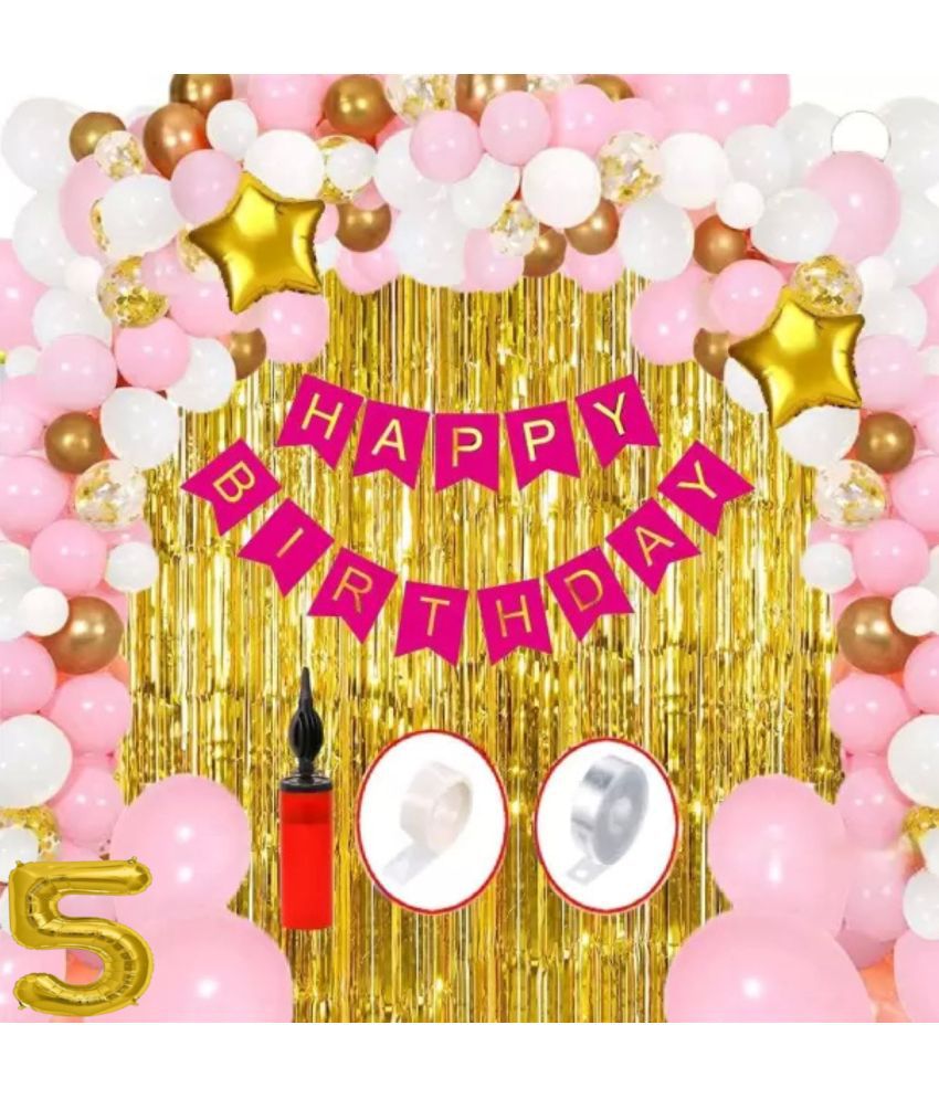     			KR 5TH / FIFTH HAPPY BIRTHDAY PARTY ( CELEBRATION ) DECORATION WITH HAPPY BIRTHDAY PINK BANNER (13), 2 GOLD FOIL CURTAIN, 1 ARCH, 1 GLUE, 50 PINK WHITE GOLD BALLOON, 1 PUMP, 3 CONFETTI BALLOON, 2 GOLD STAR BALLOON, 5 NO. GOLD FOIL BALLOON