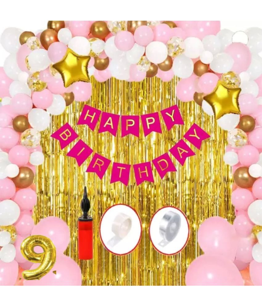     			KR 9TH HAPPY BIRTHDAY PARTY ( CELEBRATION ) DECORATION WITH HAPPY BIRTHDAY PINK BANNER (13), 2 GOLD FOIL CURTAIN, 1 ARCH, 1 GLUE, 50 PINK WHITE GOLD BALLOON, 1 PUMP, 3 CONFETTI BALLOON, 2 GOLD STAR BALLOON, 9 NO. GOLD FOIL BALLOON