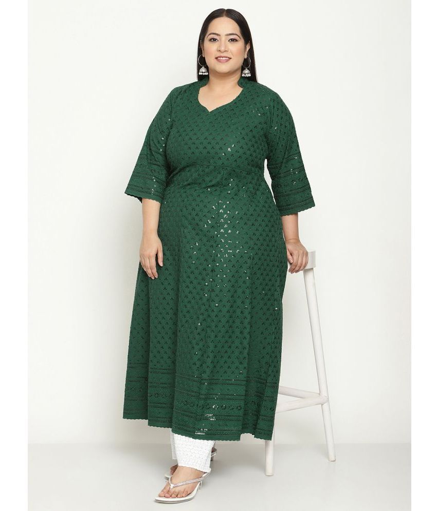     			Queenley Cotton Embellished Anarkali Women's Kurti - Green ( Pack of 1 )