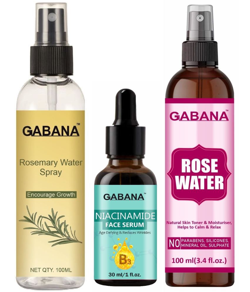     			Gabana Beauty Natural Rosemary Water | Hair Spray For Regrowth 100ml, Niacinamide Face Serum 30ml & Natural Rose Water 100ml - Set of 3 Items