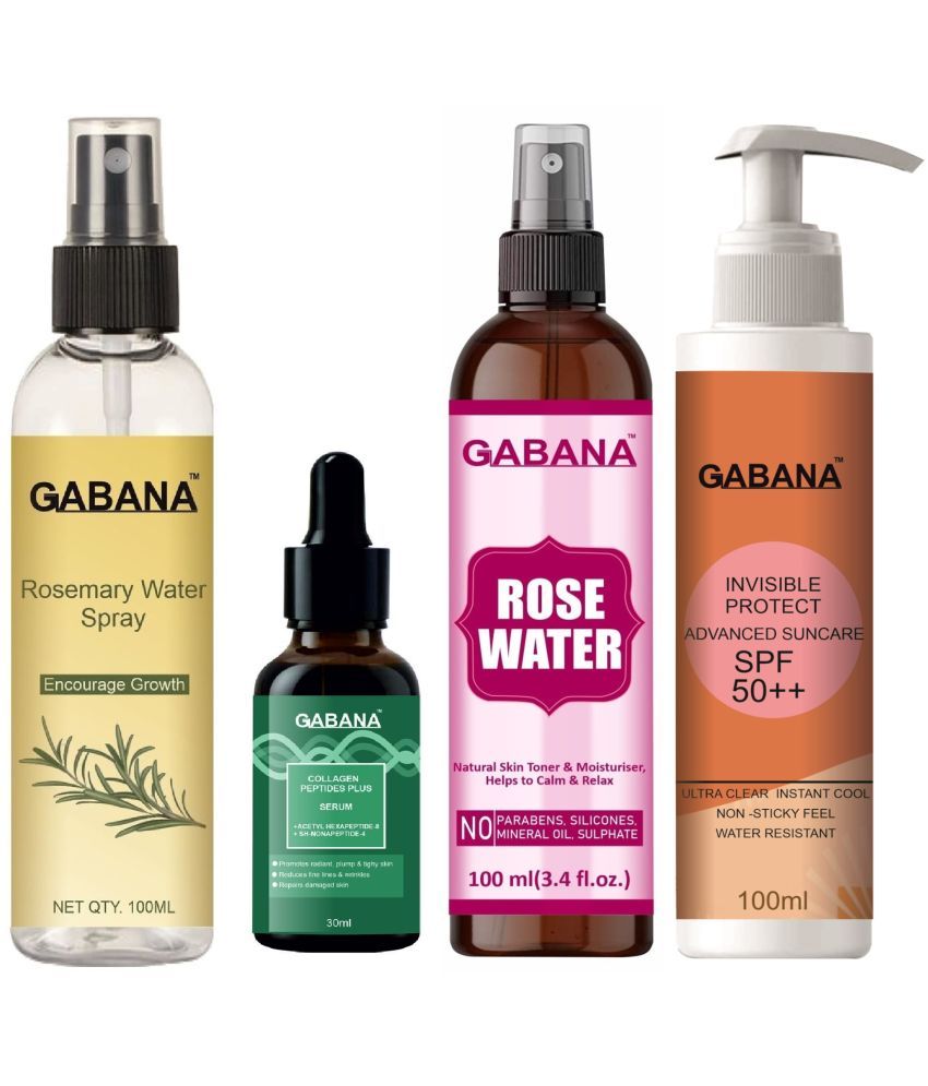     			Gabana Beauty Natural Rosemary Water | Hair Spray For Regrowth 100ml, Collagen Peptide Plus Face Serum 30ml, Natural Rose Water 100ml & Advance Sunscreen with SPF 50++ 100ml - Set of 4 Items