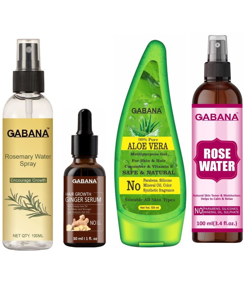     			Gabana Natural Rosemary Water | Hair Spray For Regrowth 100ml, Hair Growth Ginger Serum 30ml, Aloe Vera Face Gel 130ml & Natural Rose Water 100ml - Set of 4 Items
