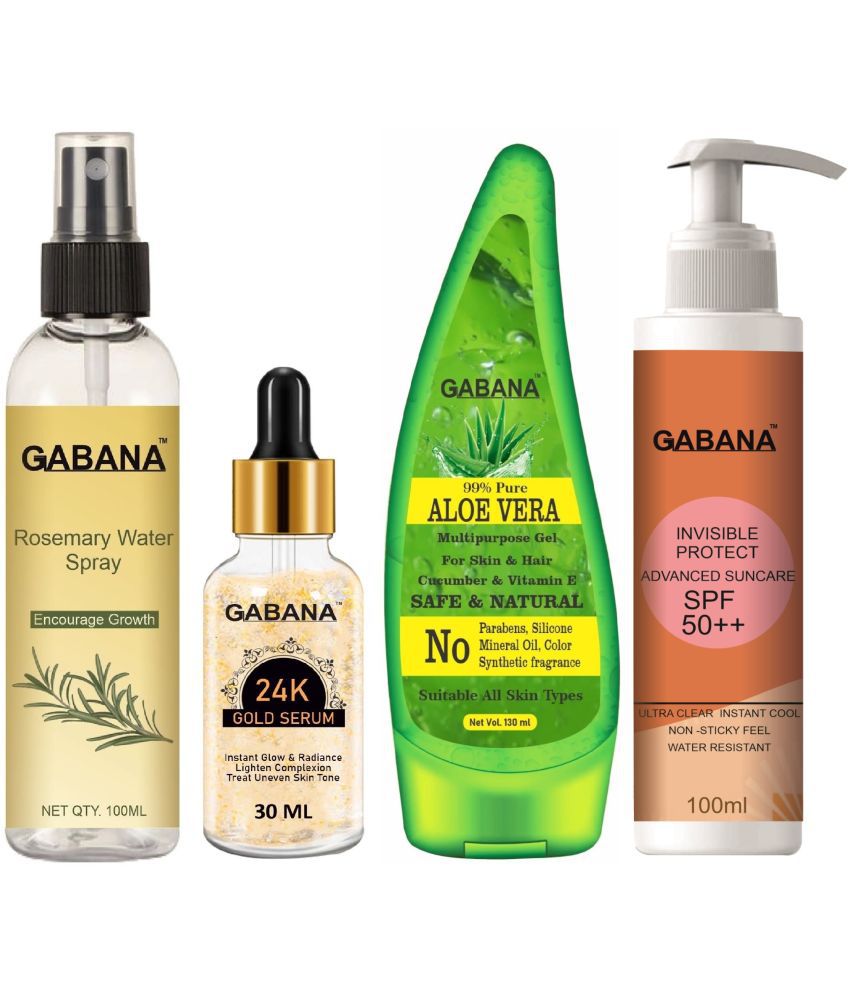     			Gabana Natural Rosemary Water | Hair Spray For Regrowth 100ml, 24K Gold Face Serum 30ml, Aloe Vera Face Gel 130ml & Advance Sunscreen with SPF 50++ 100ml - Set of 4 Items