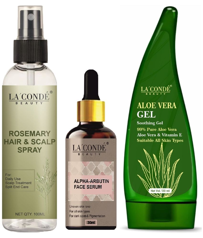     			La'Conde Beauty Natural Rosemary Water | Hair Spray For Regrowth 100ml, Alpha Arbutin Serum for Drak Spot & Pigmentation 30ml & Natural Aloe Vera Gel 130ml - Set of 3 Items Items