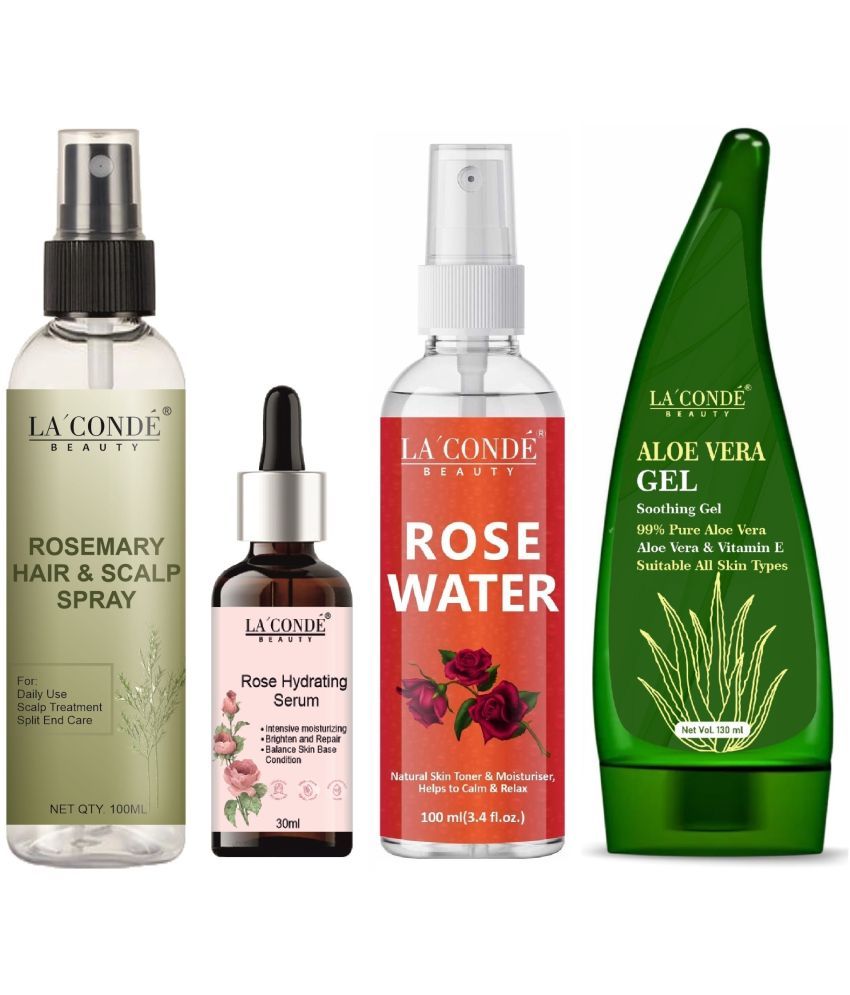     			La'Conde Beauty Natural Rosemary Water | Hair Spray For Regrowth 100ml, Rose Hydrating Serum for Brighten & Repair Skin 30ml, Natural Rose Water 100ml & Natural Aloe Vera Gel 130ml - Set of 4 Items