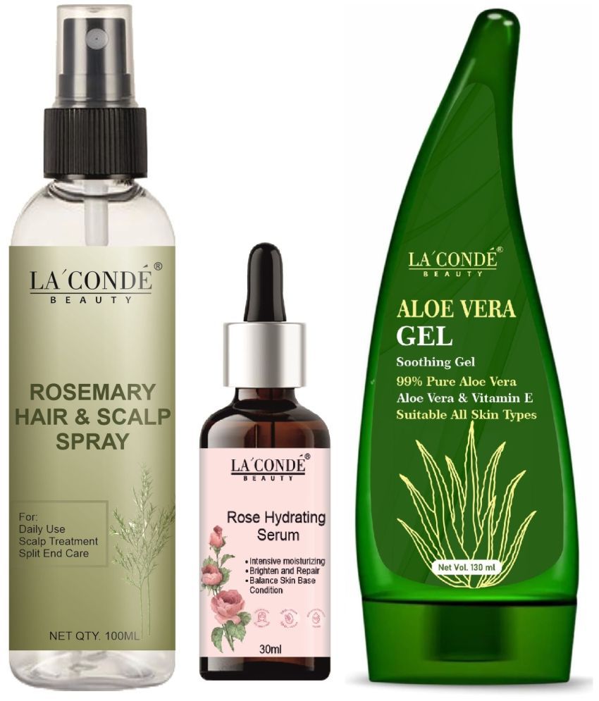     			La'Conde Beauty Natural Rosemary Water | Hair Spray For Regrowth 100ml, Rose Hydrating Serum for Brighten & Repair Skin 30ml & Natural Aloe Vera Gel 130ml - Set of 3 Items