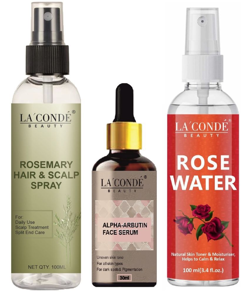     			LaConde Beauty Natural Rosemary Water | Hair Spray For Regrowth 100ml, Alpha Arbutin Serum for Drak Spot & Pigmentation 30ml & Natural Rose Water 100ml - Set of 3 Items