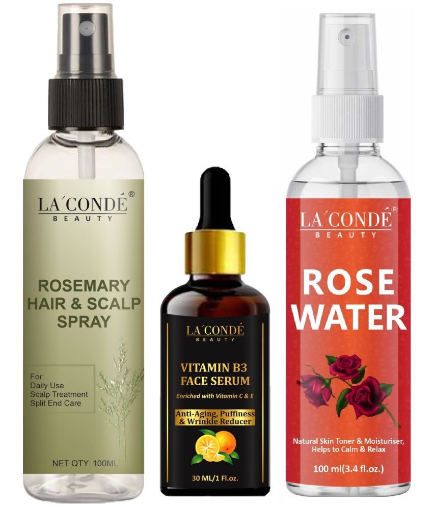     			LaConde Beauty Natural Rosemary Water | Hair Spray For Regrowth 100ml, Vitamin B3 Face Serum 30ml & Natural Rose Water 100ml - Set of 3 Items