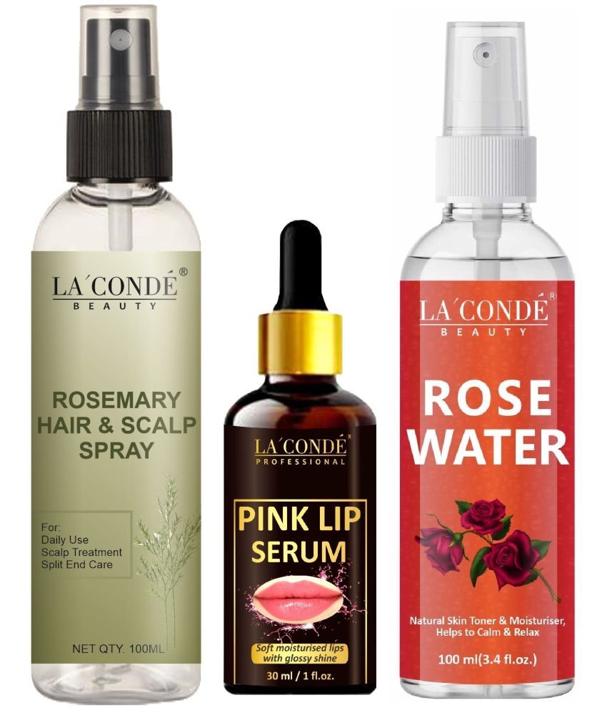     			LaConde Beauty Natural Rosemary Water | Hair Spray For Regrowth 100ml, Pink Lip Serum for Deep Moisturising 30ml & Natural Rose Water 100ml - Set of 3 Items